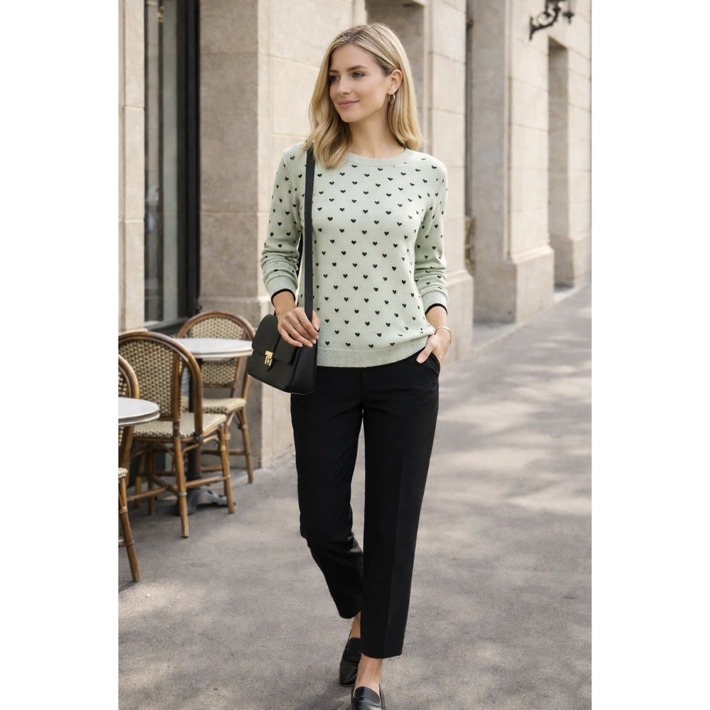Elle Mint Green Black Heart Sweater Women's Crew Neck Cotton Blend Parisian Chic